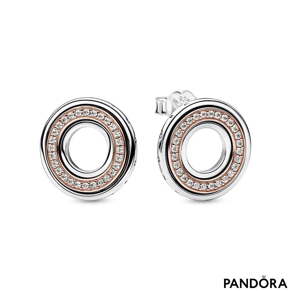 Neviseće naušnice Pandora logo od čistog srebra sa 14k roze pozlatom i prozirnim kockastim cirkonima 