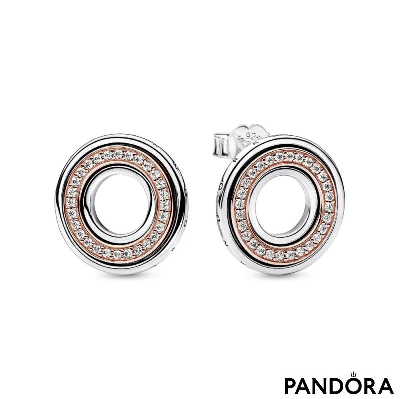 Neviseće naušnice Pandora logo od čistog srebra sa 14k roze pozlatom i prozirnim kockastim cirkonima 